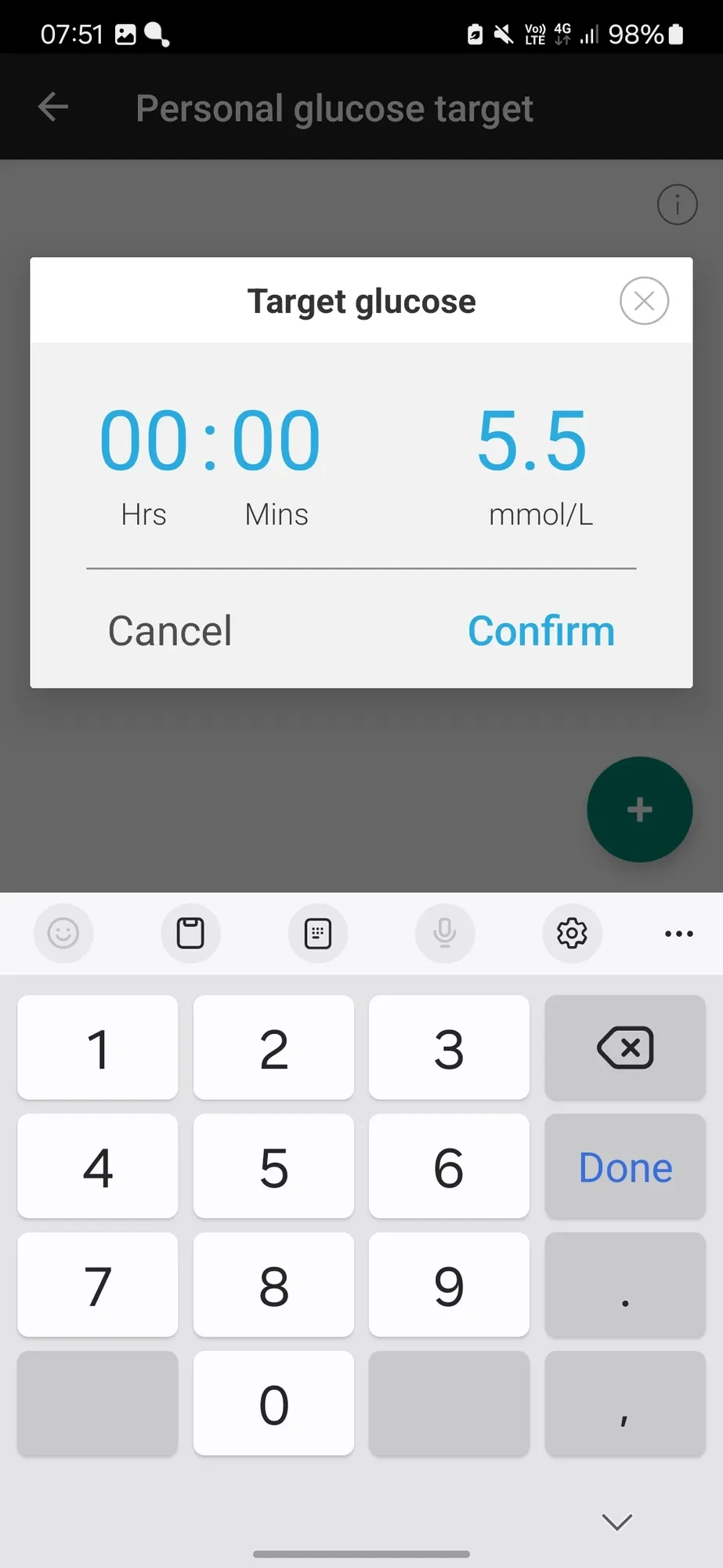 CamAPS FX Personal glucose target screen